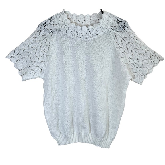 VTG Y2K White Knit Crochet Sweater Top Short Sleeve Stretch Cottage Dressy Sz M - Picture 1 of 9